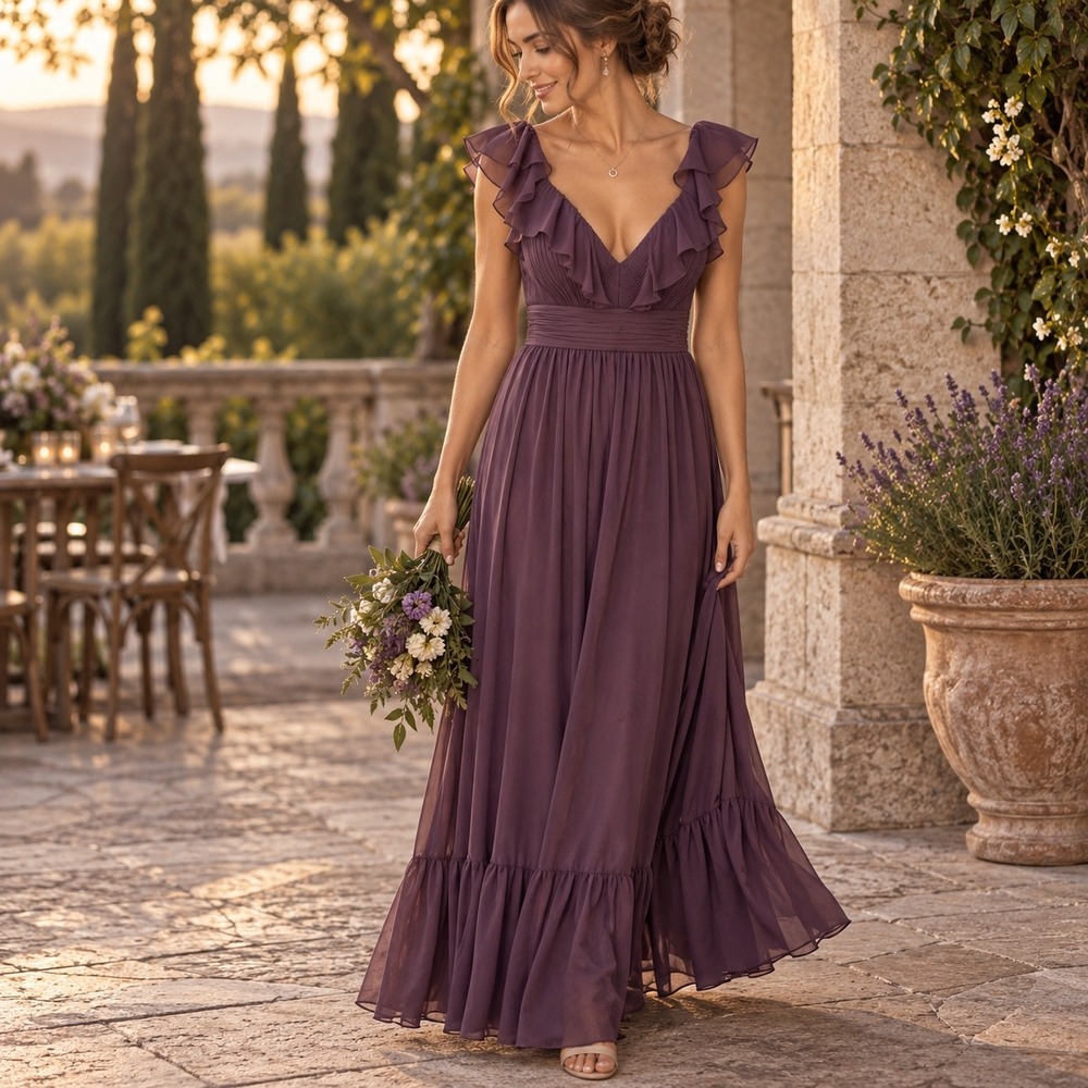 Birdy Grey Kaia Dress Dark Mauve Chiffon Ruffle Sleeve Maxi Bridesmaid Gown M